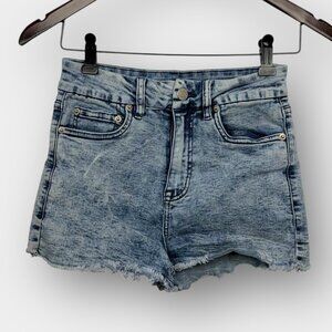 AERO High Rise Curvy Midi Acid Wash Cutoff Denim Shorts Raw Hem Womens Size 2